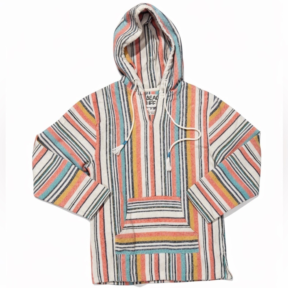 Beach Life Baja Hoodie Striped Surf Pullover Oversized XS Coastal Poncho